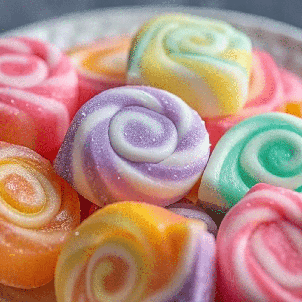 Homemade Saltwater Taffy Rolls with rainbow swirl colors on a plate