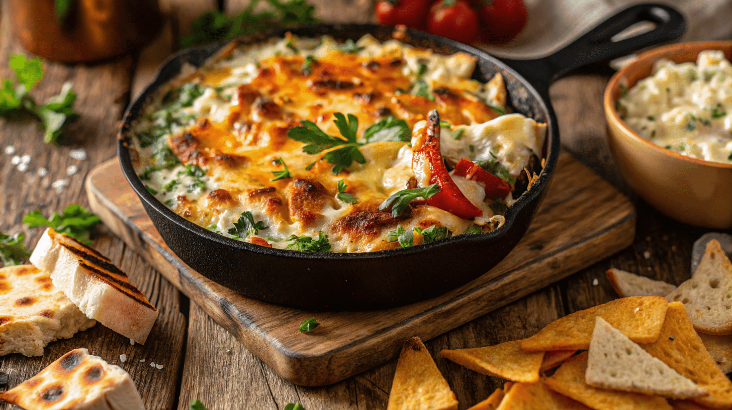 Olive Garden spinach artichoke dip served hot in a cast iron skillet with melted cheese, fresh herbs, and bread on the side.
