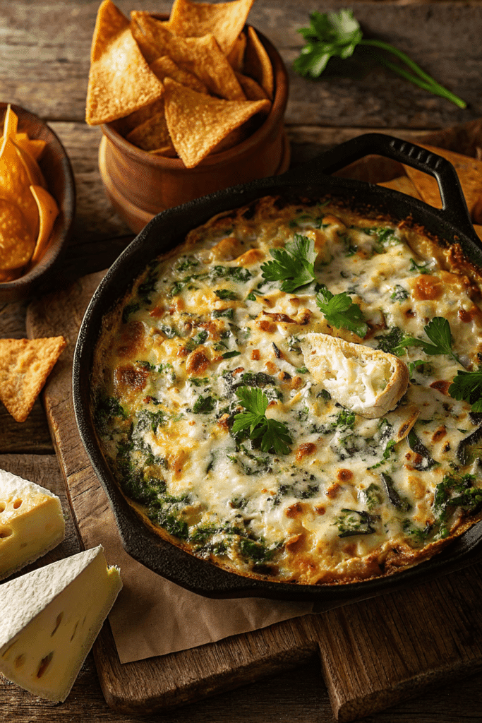 Hot Olive Garden spinach artichoke dip baked in a cast iron skillet, served with tortilla chips and fresh parsley garnish.