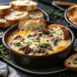Philly Cheese Steak Soup Recipe served in a bowl with melted provolone cheese, tender beef, and crusty bread on the side
