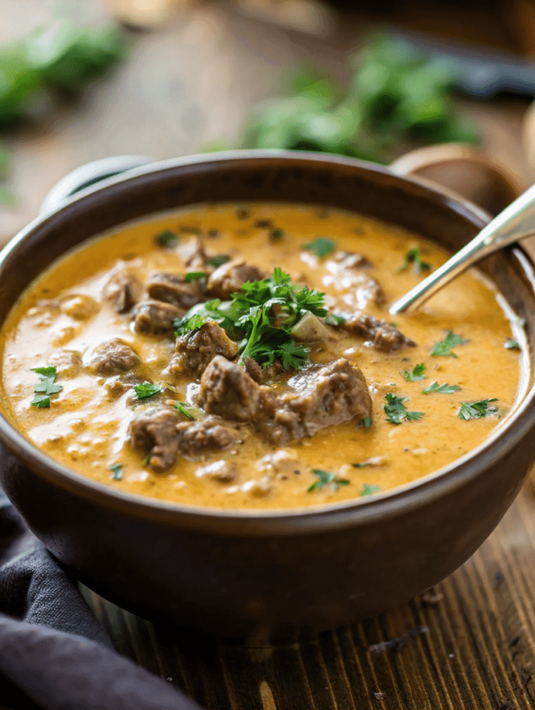 Philly Cheese Steak Soup Recipe in a rustic bowl with creamy provolone broth, tender beef chunks, and fresh parsley garnish