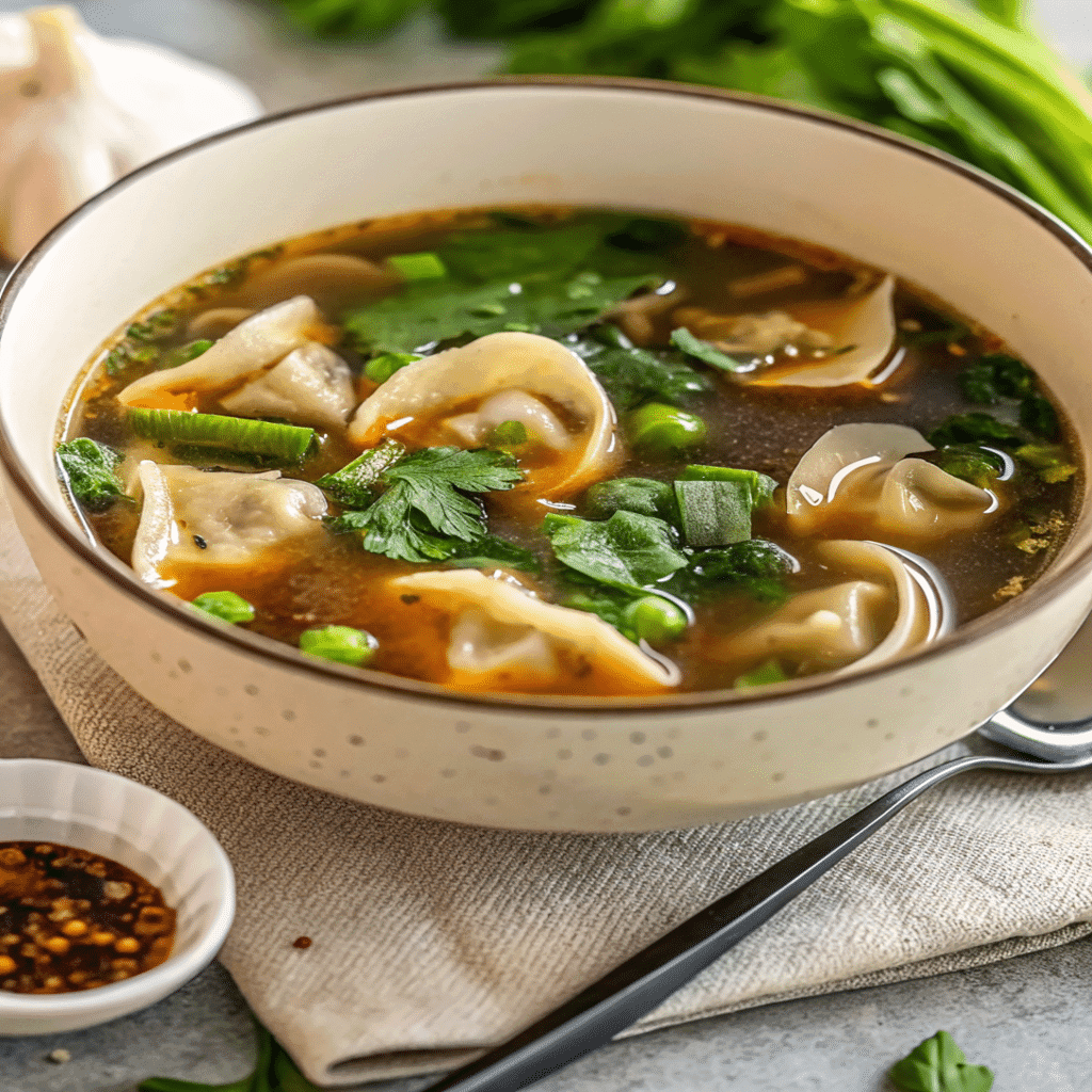 Bowl of potsticker soup with dumplings, garlic, fresh herbs, and green onions in broth