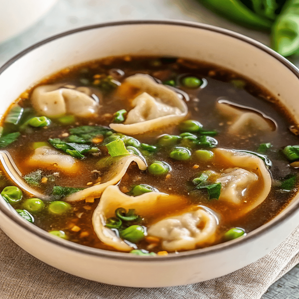 Cozy potsticker soup with dumplings, peas, and green onions in savory broth