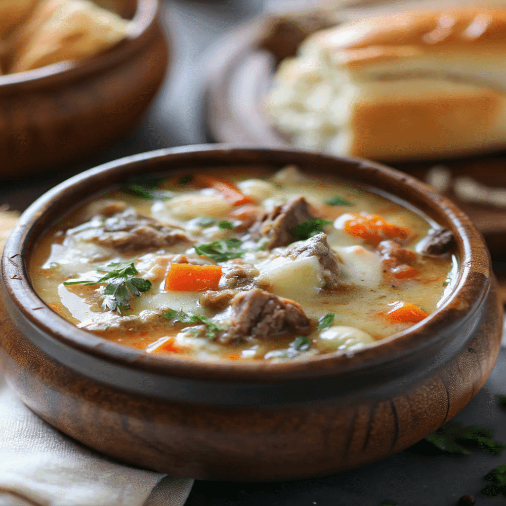 Philly Cheese Steak Soup Recipe with tender beef, carrots, potatoes, and creamy broth served in a rustic wooden bowl with bread