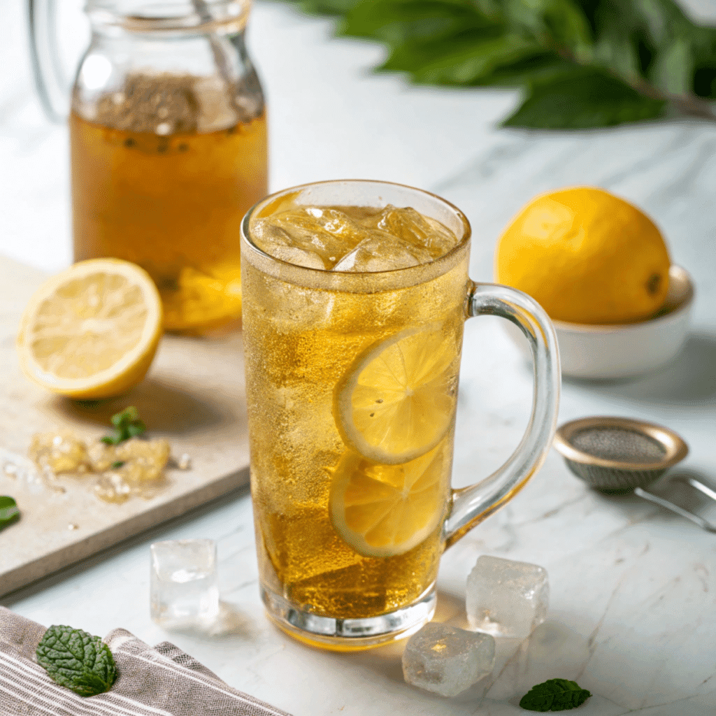 Glass of Refreshing Natural Mounjaro Tea Recipe served with lemon slice and ice