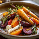 Roasted beets and carrots salad with burrata and fresh rosemary