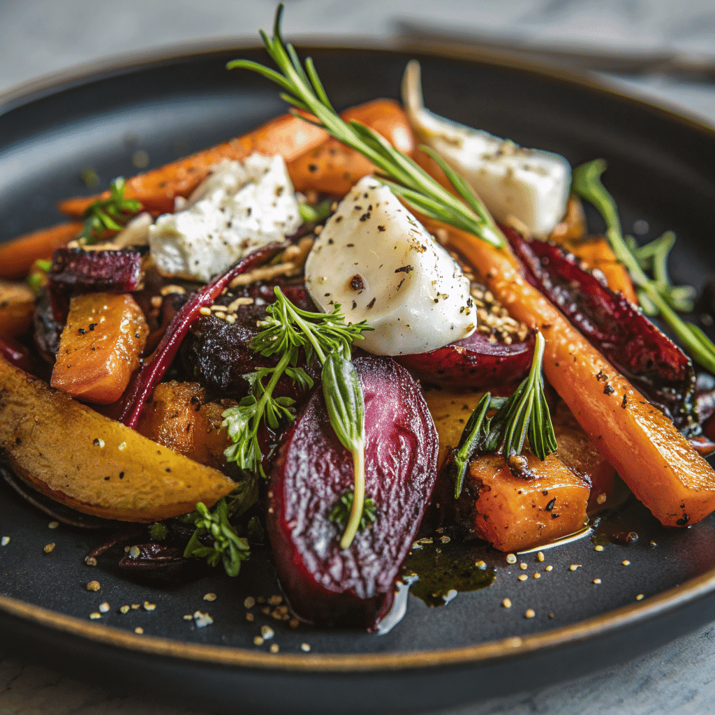 Roasted beets and carrots salad with burrata and fresh herbs