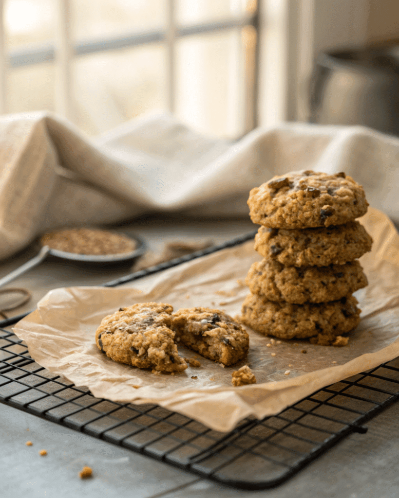 Seedy Quinoa Breakfast Cookies on a cooling rack with a broken cookie on parchment, warm window light in the background.