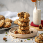 Seedy Quinoa Breakfast Cookies stacked on a plate with a bitten cookie on top, mixed seeds scattered and a milk bottle in the background.