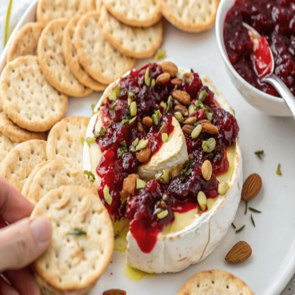 Serving baked brie with cranberry sauce and crackers as a holiday appetizer