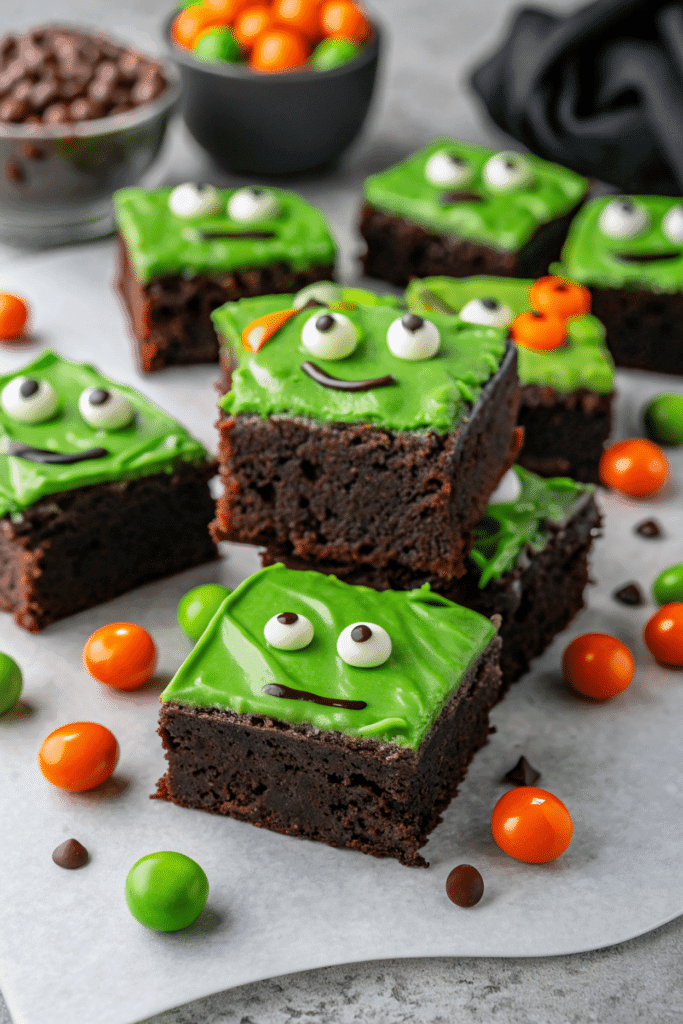 Fudgy Frankenstein’s Monster Brownies decorated with green frosting, candy eyes, and colorful Halloween candies