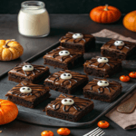 Spooky spider brownies decorated with candy eyes and chocolate legs on a tray for Halloween.
