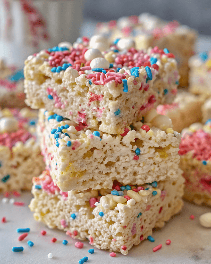 Sprinkle Rice Krispie Treats with red, blue, and pink sprinkles stacked on a white surface
