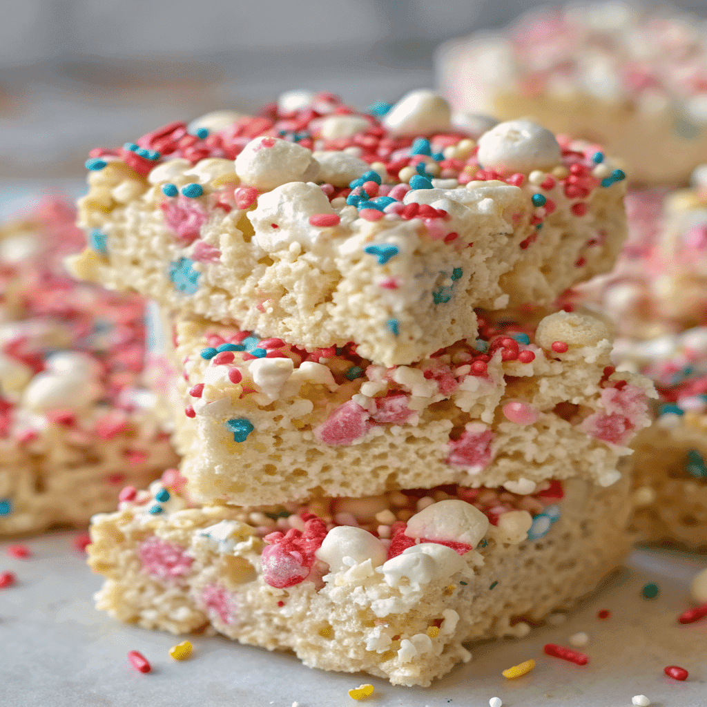 Sprinkle Rice Krispie Treats stacked with colorful red, blue, and pink sprinkles on top
