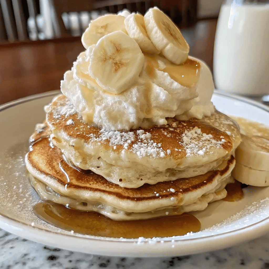 Sweet Coconut Cream Pancakes topped with bananas, whipped cream, and syrup