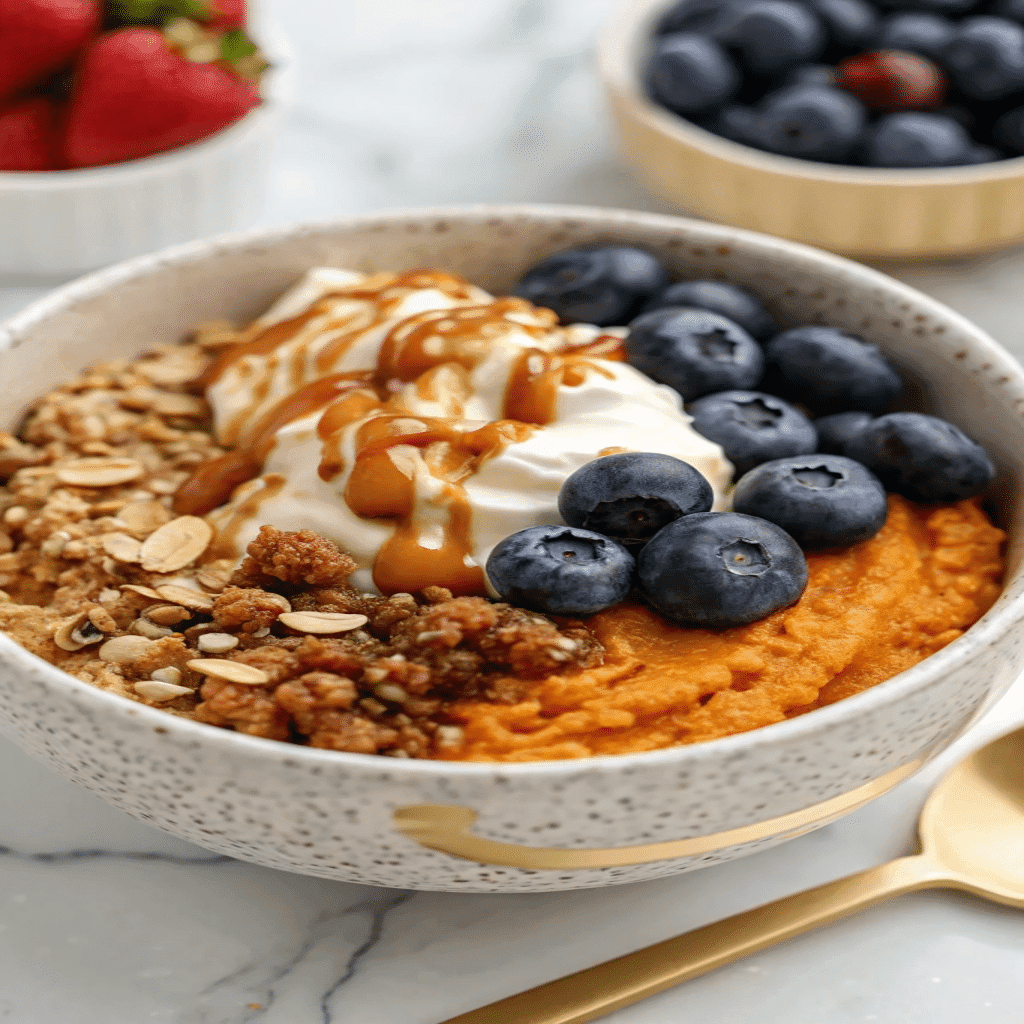 Sweet Potato Breakfast Bowl with yogurt, blueberries, granola, and caramel drizzle