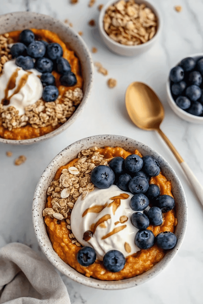Sweet Potato Breakfast Bowl served with yogurt, fresh blueberries, and granola