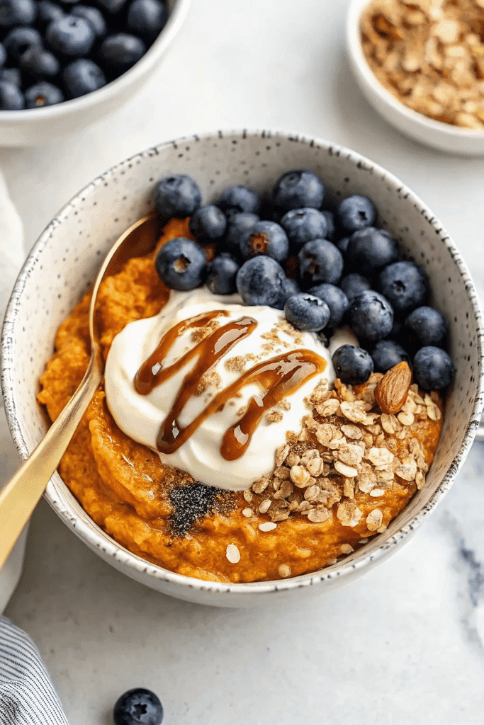 Sweet Potato Breakfast Bowl topped with yogurt, blueberries, granola, and caramel drizzle
