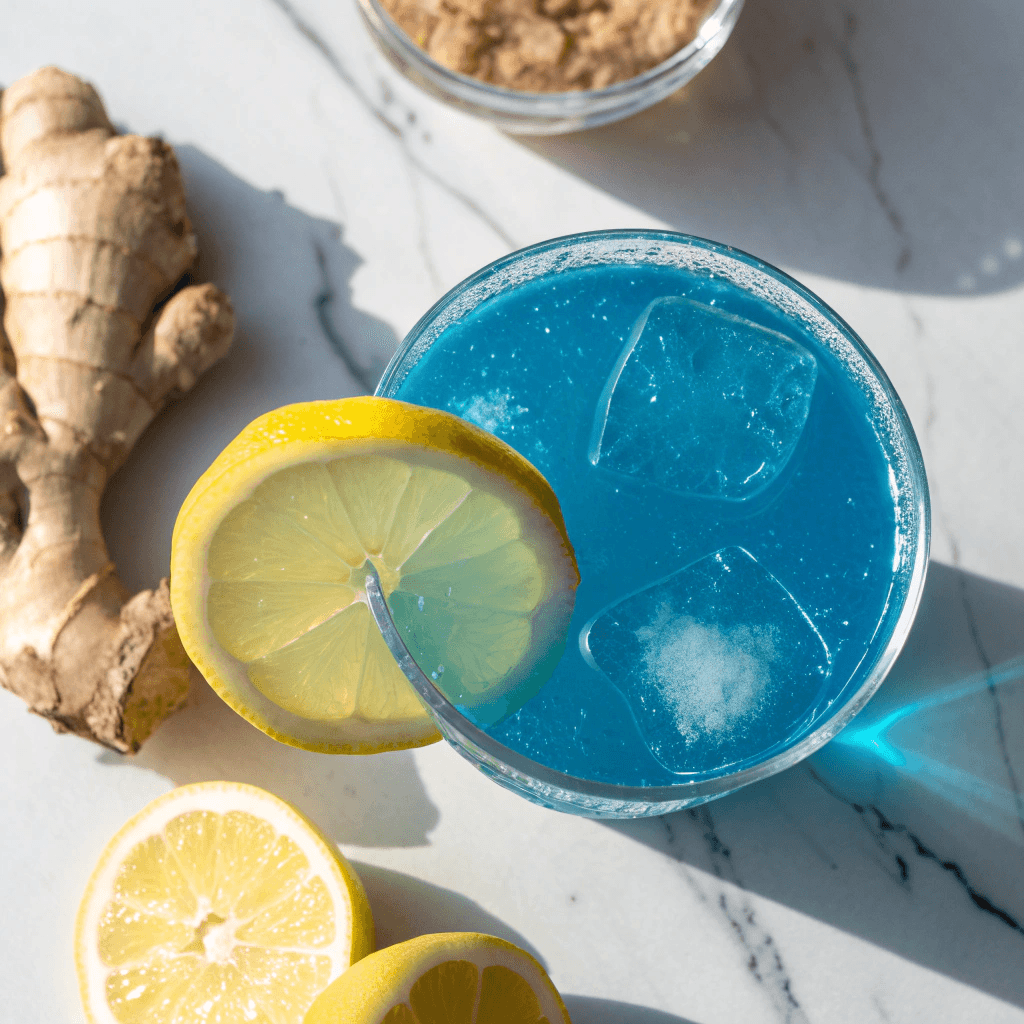 Blue Salt Trick drink with lemon slice and ginger on marble background