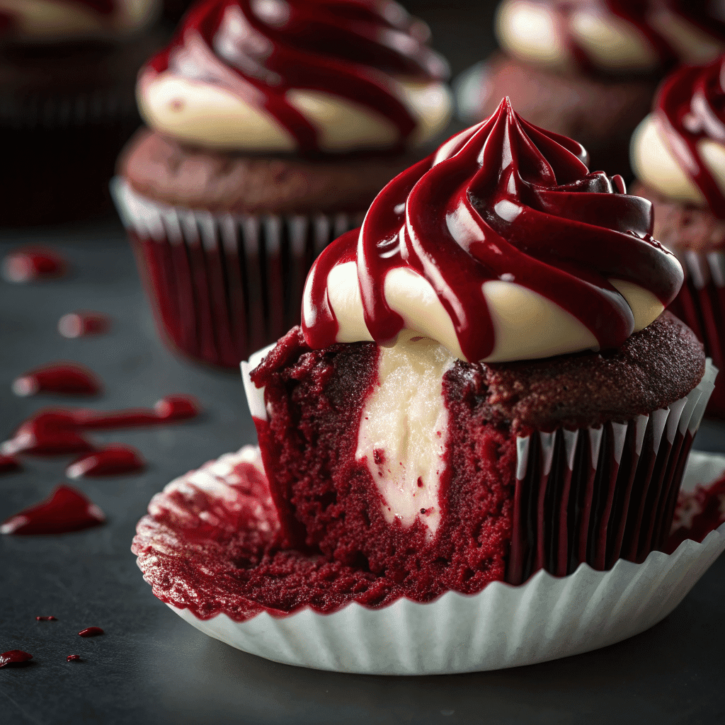 Halloween Vampire Bite Cupcakes with white frosting and dripping red jam, showing creamy filling inside