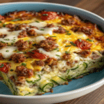 Pressing zucchini crust mixture into baking dish for zucchini pizza casserole