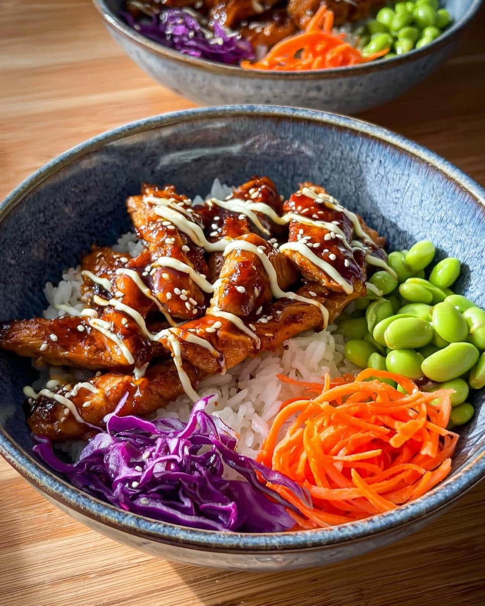 A close-up of a 15-Minute Teriyaki Chicken Bowl with rice, glazed chicken, edamame, shredded carrots, and red cabbage.