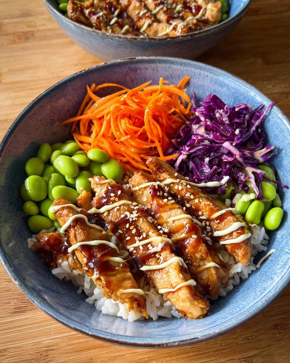 A close-up of a 15-Minute Teriyaki Chicken Bowl with rice, teriyaki chicken, edamame, shredded carrots, and red cabbage.