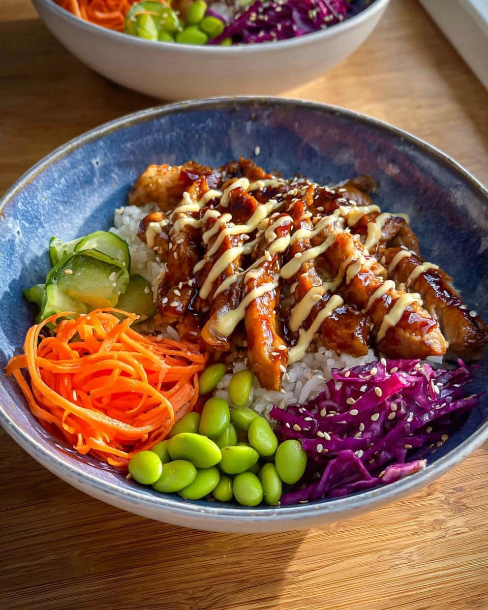 A vibrant bowl of 15-Minute Teriyaki Chicken Bowls featuring rice, teriyaki chicken, edamame, shredded carrots, red cabbage, and cucumber.