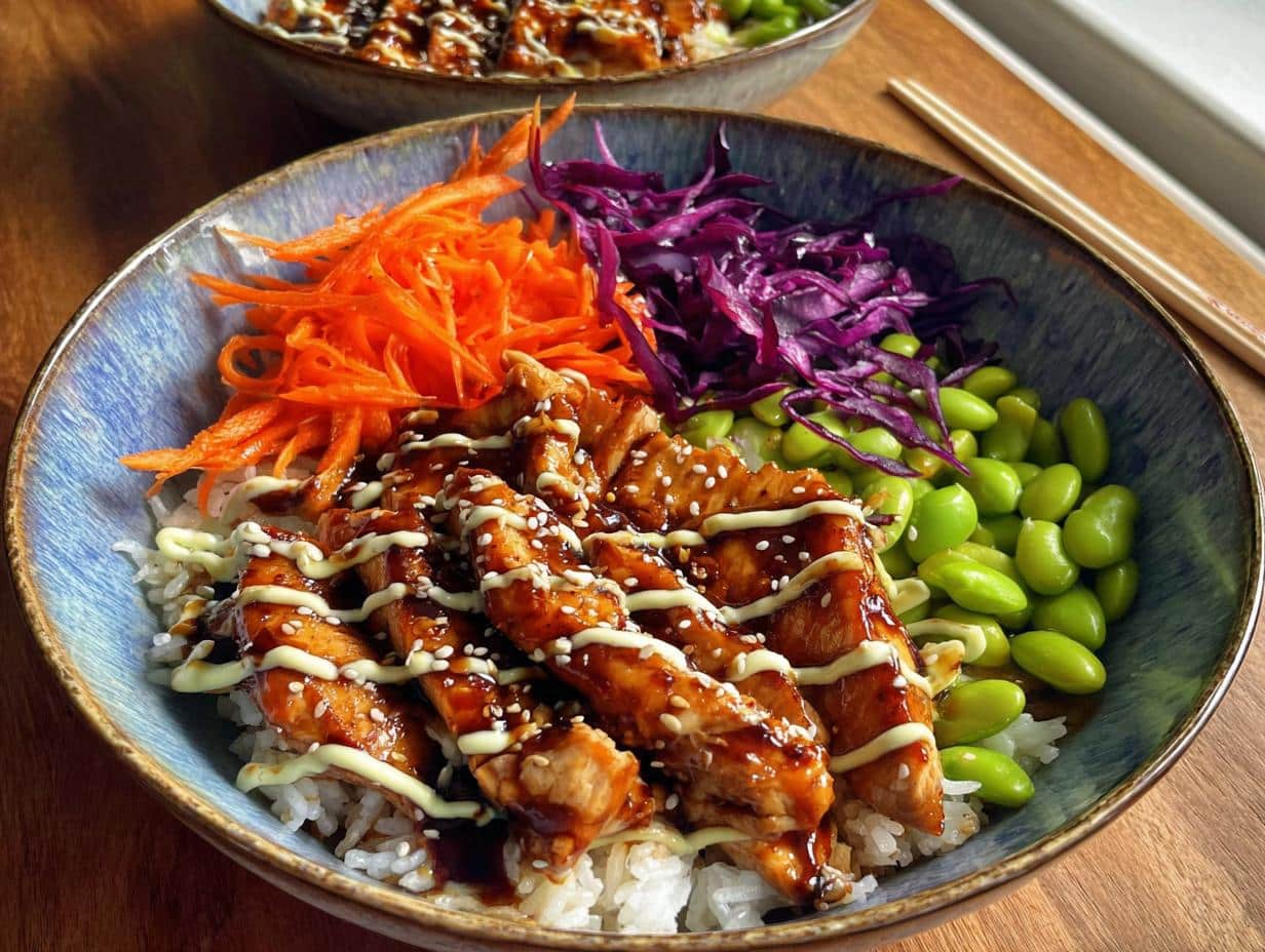 A vibrant bowl of 15-Minute Teriyaki Chicken Bowls featuring rice, teriyaki chicken, edamame, shredded carrots, and red cabbage.