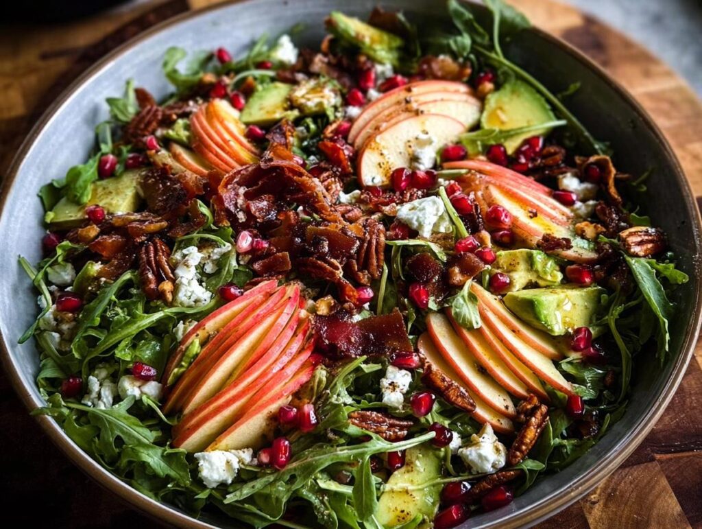 A vibrant Autumn Harvest Honeycrisp Apple & Feta Salad with sliced apples, avocado, feta cheese, pecans, and pomegranate seeds.