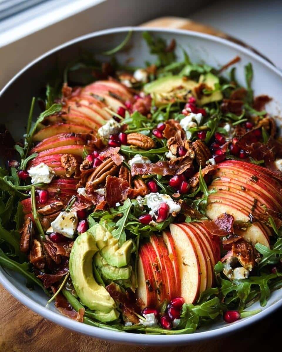 A vibrant Autumn Harvest Honeycrisp Apple & Feta Salad featuring sliced apples, avocado, feta cheese, pomegranate seeds, and pecans.