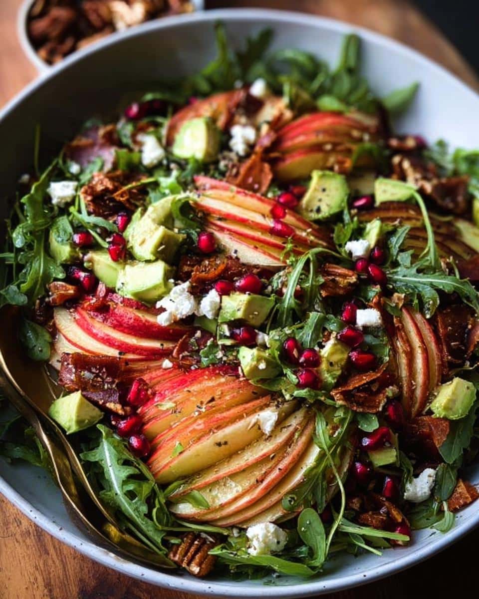 A vibrant Autumn Harvest Honeycrisp Apple & Feta Salad with sliced apples, avocado, feta cheese, pomegranate seeds, and arugula.
