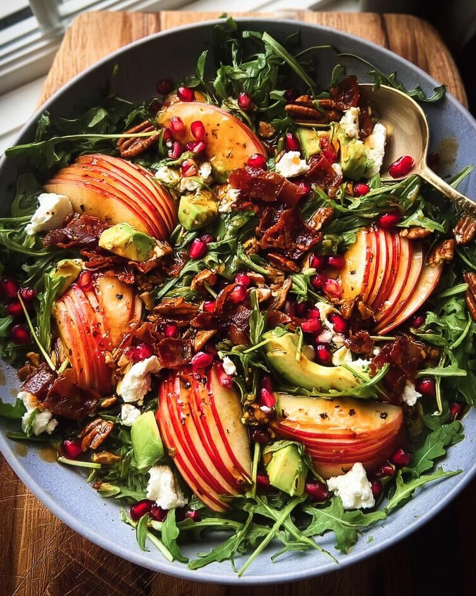 A vibrant Autumn Harvest Honeycrisp Apple & Feta Salad with fanned apple slices, avocado, crumbled feta, pomegranate seeds, and crispy bacon.