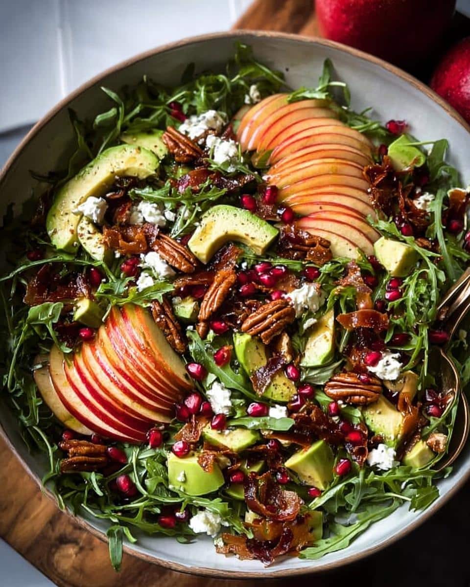 A vibrant Autumn Harvest Honeycrisp Apple & Feta Salad with sliced apples, avocado, pecans, pomegranate seeds, and feta cheese.