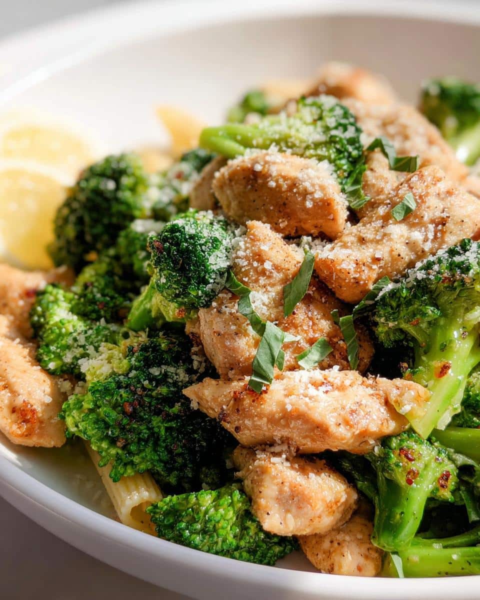 A close-up of baked lemon butter chicken with broccoli florets, sprinkled with Parmesan cheese and fresh herbs.