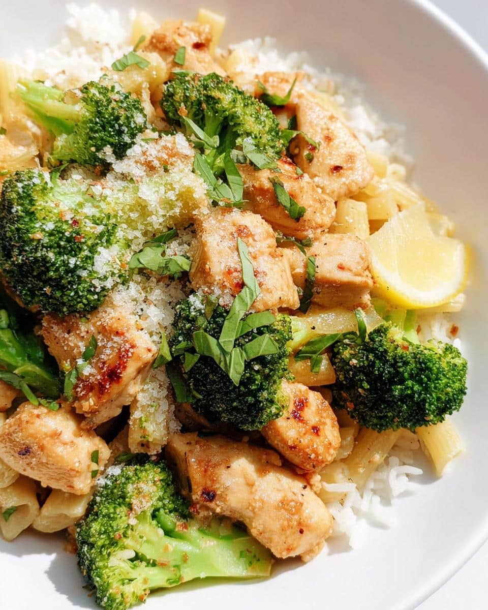 A close-up of Baked Lemon Butter Chicken with Broccoli served over rice, garnished with parsley and grated cheese.