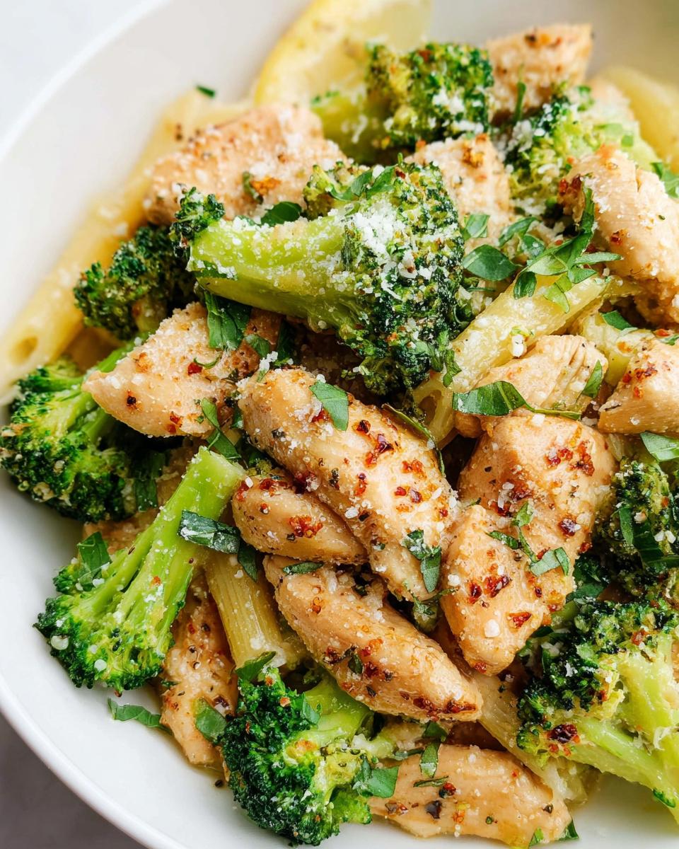 Close-up of Baked Lemon Butter Chicken with Broccoli and penne pasta, topped with parmesan and parsley.