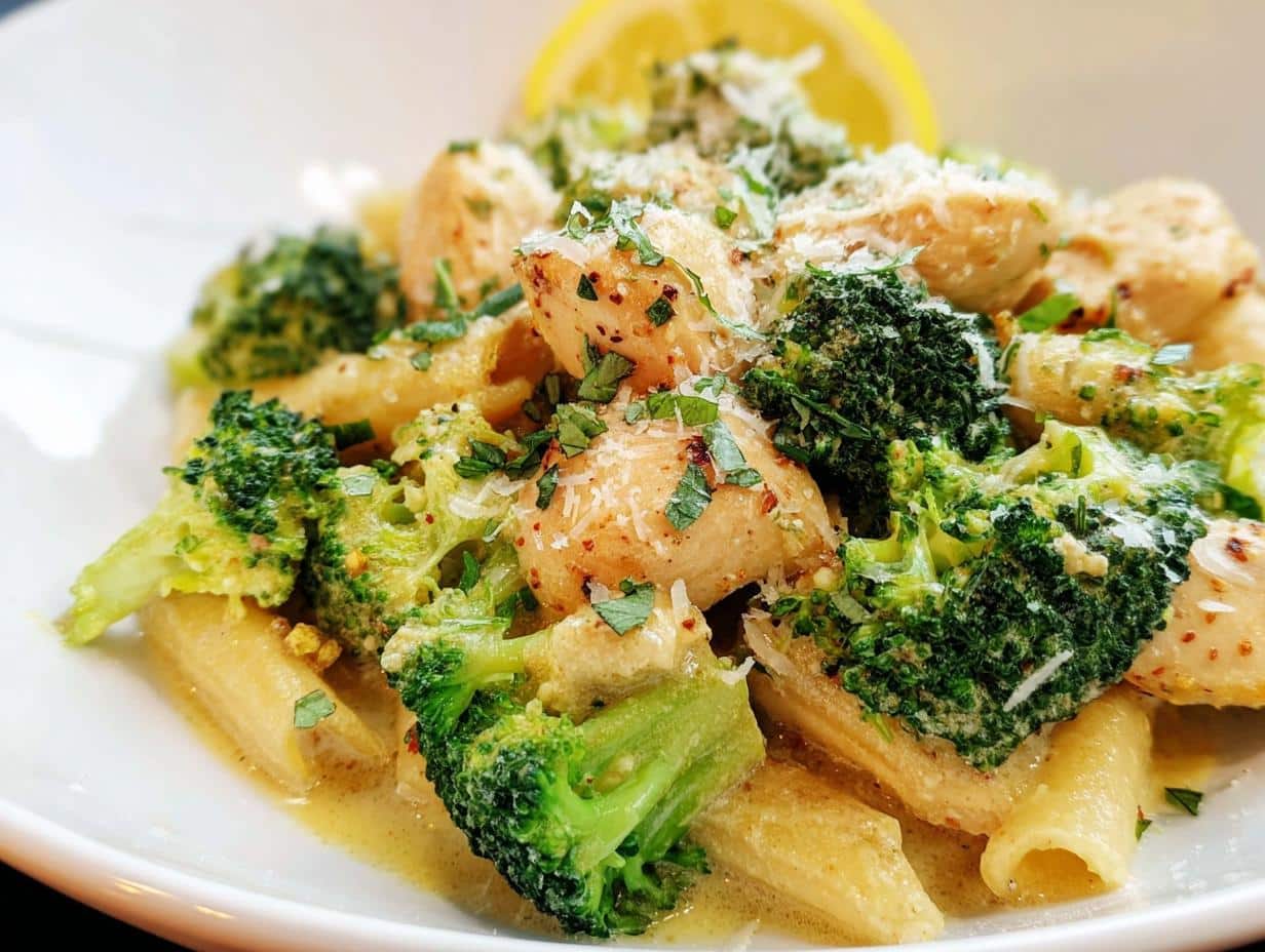 A close-up of baked lemon butter chicken with broccoli and pasta, garnished with parmesan and parsley.