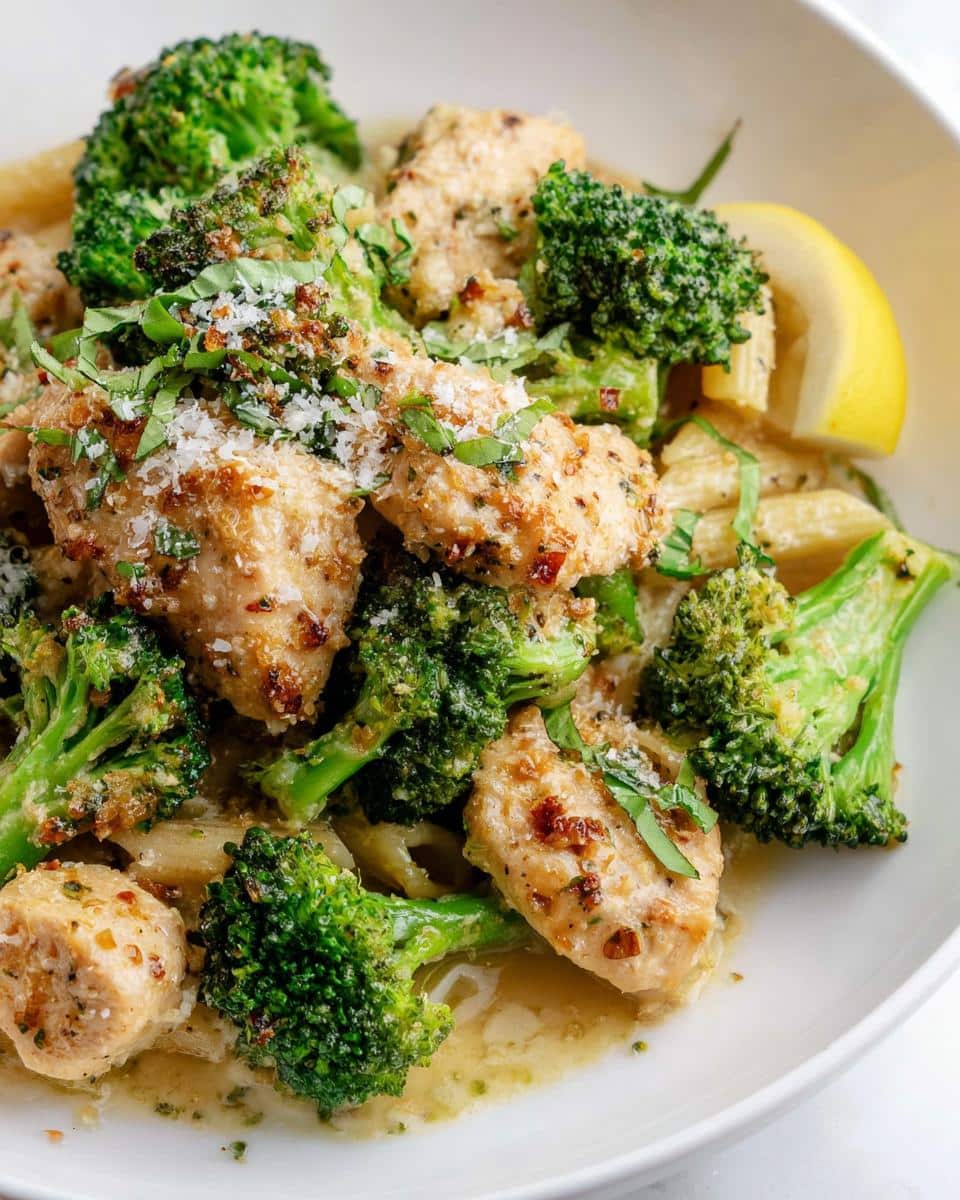 A close-up of baked lemon butter chicken with broccoli and penne pasta, garnished with parmesan and herbs.