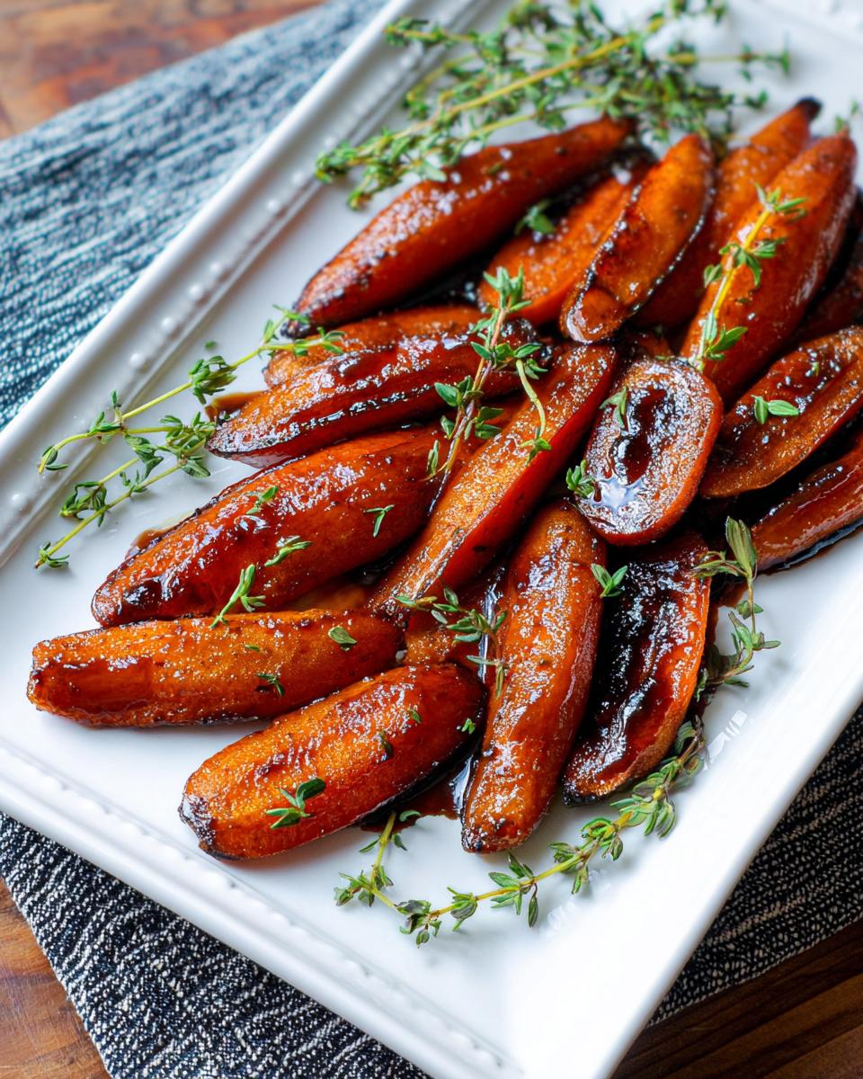 A close-up of tender Balsamic Glazed Carrots, glistening with sauce and garnished with fresh thyme sprigs on a white platter.