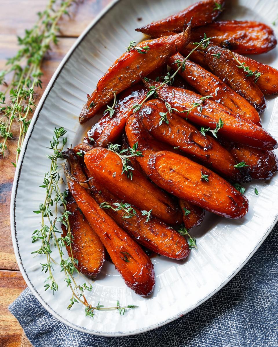 Close-up of tender Balsamic Glazed Carrots, glistening with sauce and garnished with fresh thyme sprigs.
