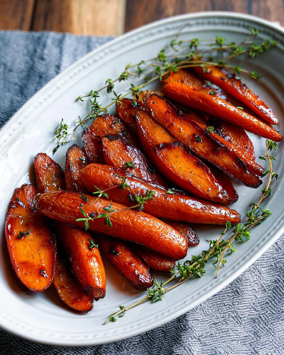 A close-up of tender Balsamic Glazed Carrots, glistening and garnished with fresh thyme sprigs on a platter.