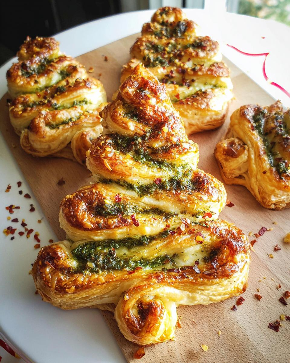 Golden brown Basil Pesto Puff Pastry Christmas Tree appetizers sprinkled with red pepper flakes on a wooden board.