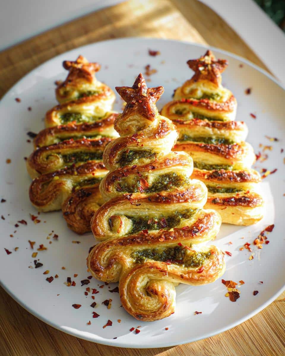 Three golden-brown Basil Pesto Puff Pastry Christmas Trees arranged on a white plate, sprinkled with red pepper flakes.