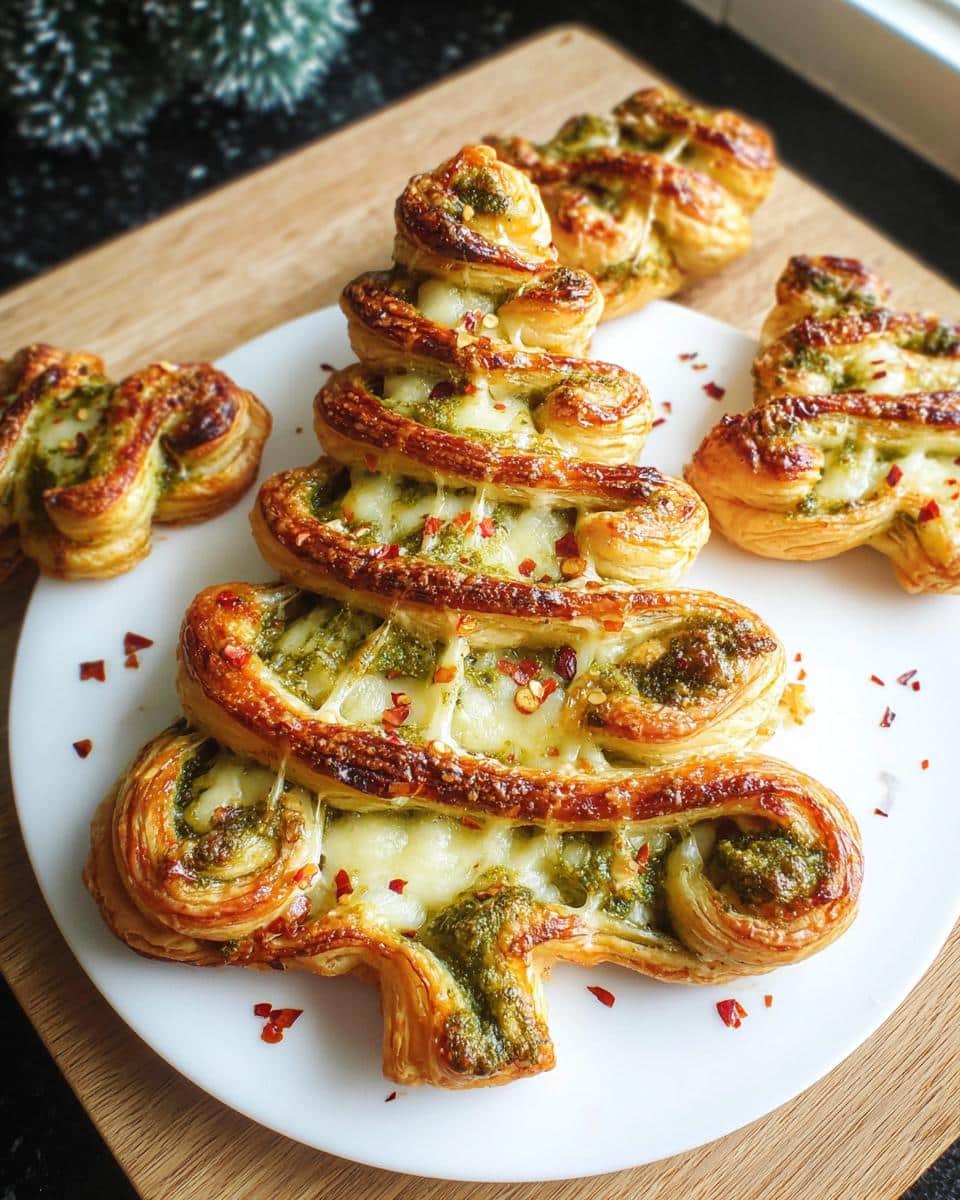 Golden brown Basil Pesto Puff Pastry Christmas Tree filled with melted cheese and sprinkled with chili flakes.