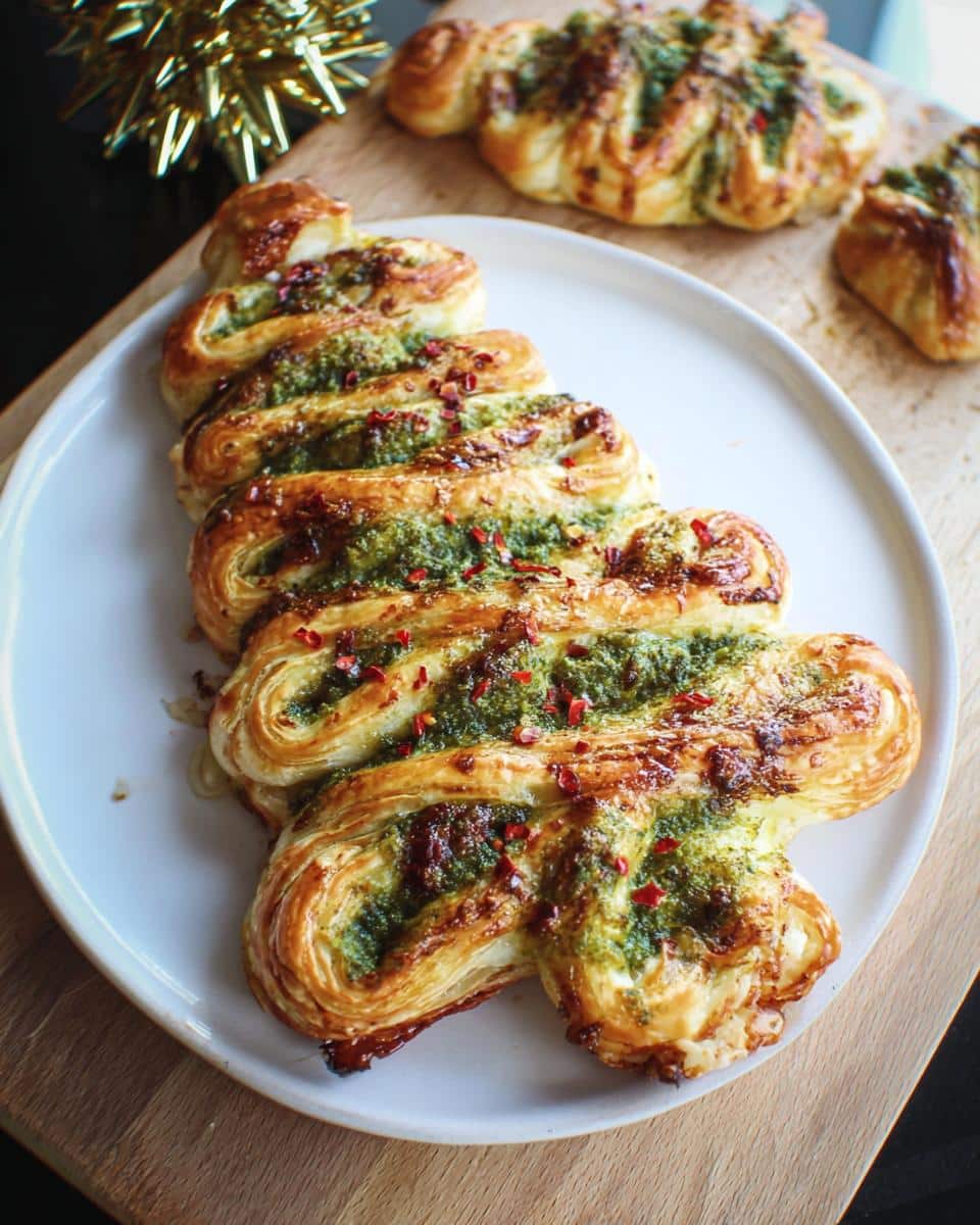 A golden-brown Basil Pesto Puff Pastry Christmas Tree, sprinkled with red pepper flakes, on a white plate.