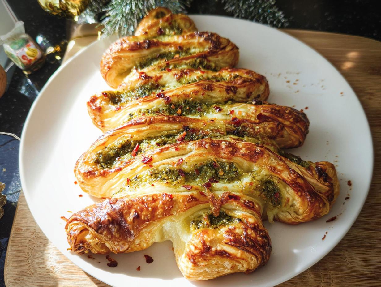 A golden-brown Basil Pesto Puff Pastry Christmas Tree on a white plate, sprinkled with red pepper flakes.