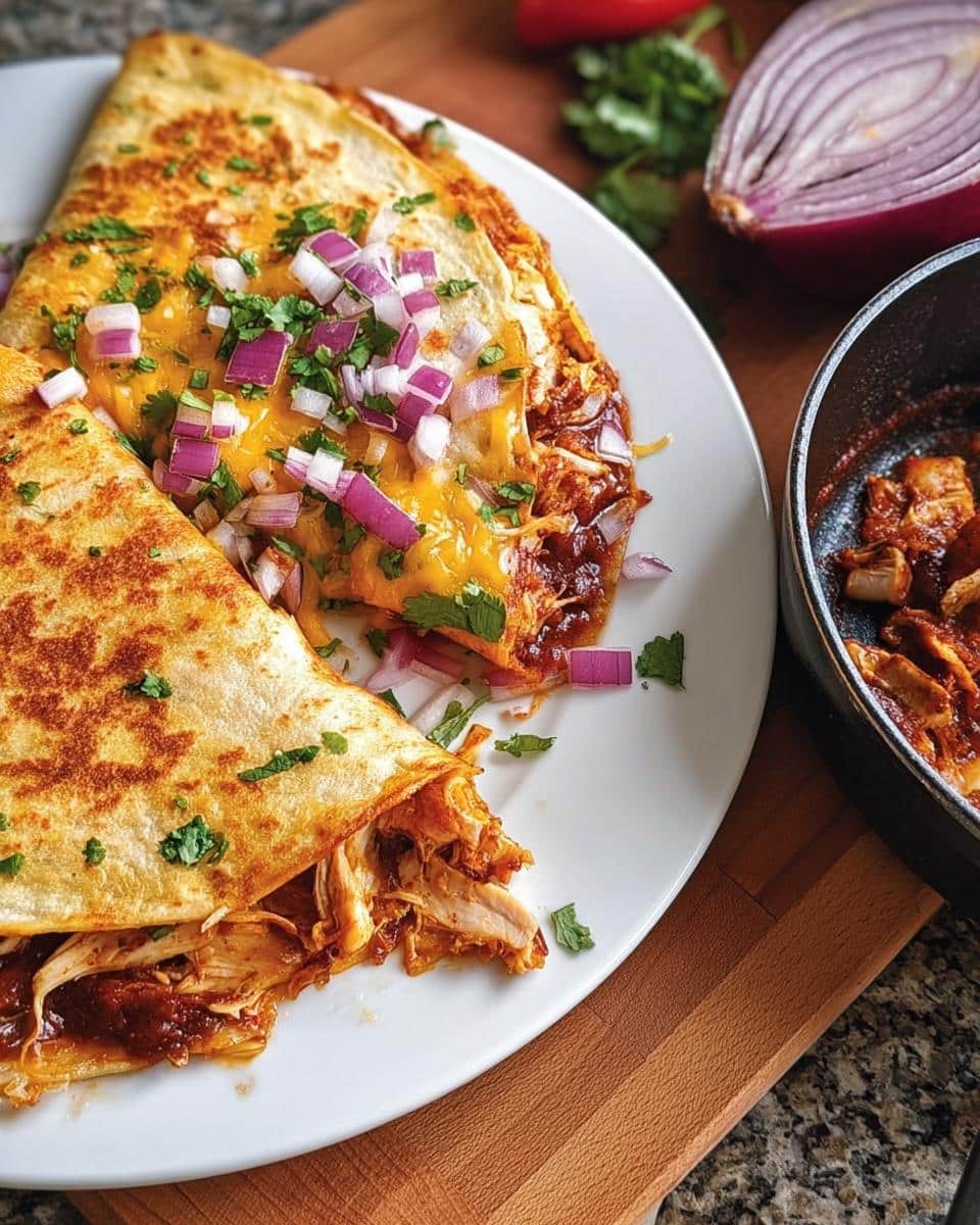 A close-up of two BBQ Chicken Quesadillas sliced in half, topped with melted cheese, red onion, and cilantro. A small pan of BBQ chicken is visible.