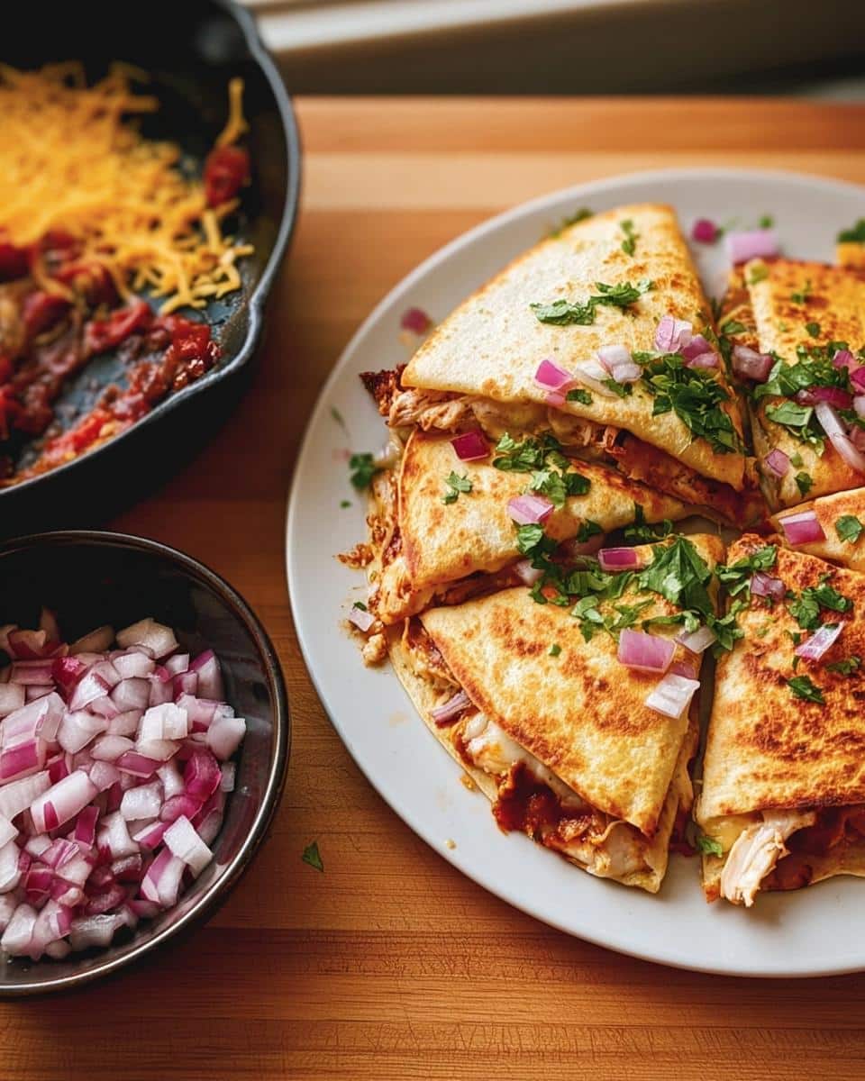 A plate of golden-brown BBQ Chicken Quesadillas, topped with fresh cilantro and diced red onion.