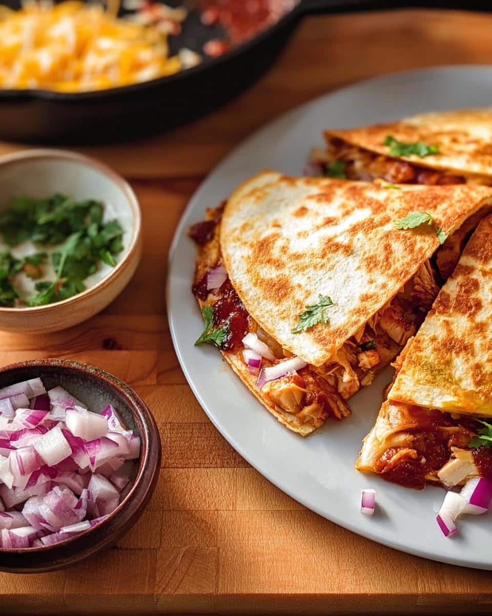 Three golden-brown BBQ Chicken Quesadillas sliced and served on a grey plate, garnished with cilantro and red onion.